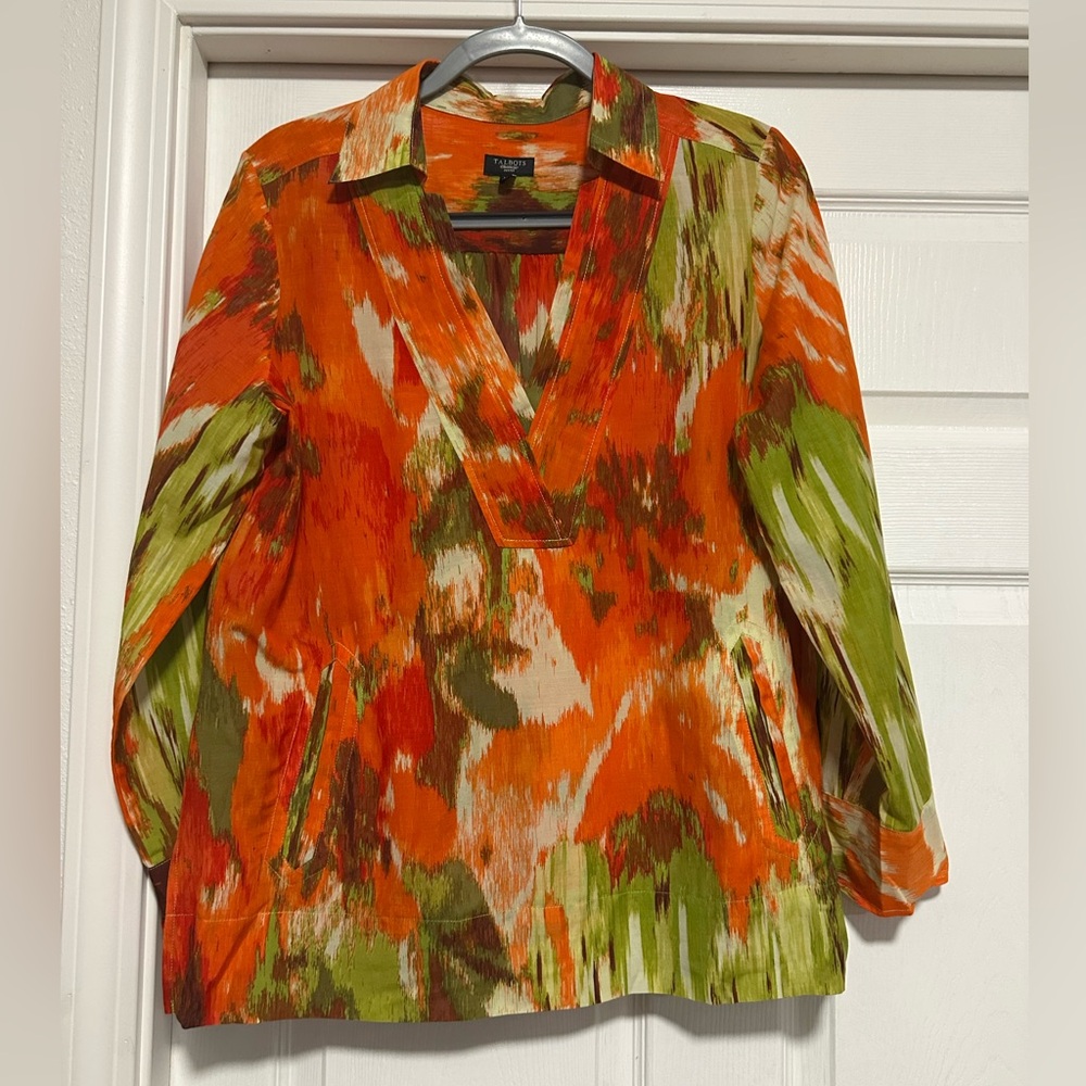 Talbots Petites Women's 12P Orange, Green & Cream Silk Blend Lightweight Blouse